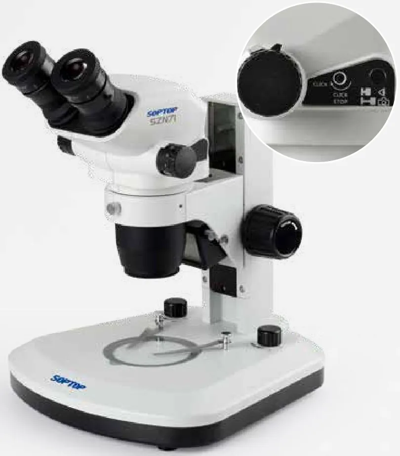 SZN71 stereo microscope with click-stop zoom knob detail