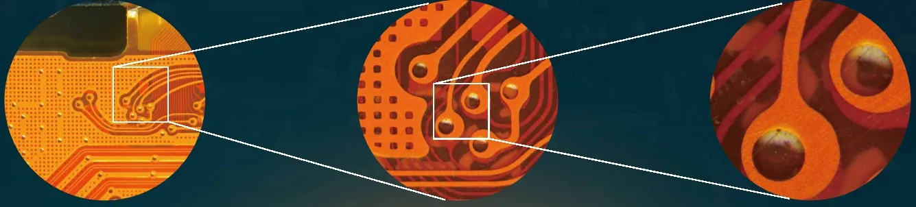 PCB viewed at 1×, 3× and 8× zoom